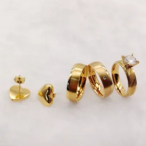 Biasanya cincin pernikahan Set pasangan 18K berlapis emas perhiasan anting-anting trendi batu cincin pertunangan wanita Set cincin wanita