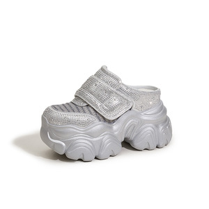 Rhinestone Thick Soled <b>Half</b> <b>Slip</b> On Women's Sandals 2026 Summer Breathable 10CM Hidden Heel Round Toe Sandals - Product Image 2