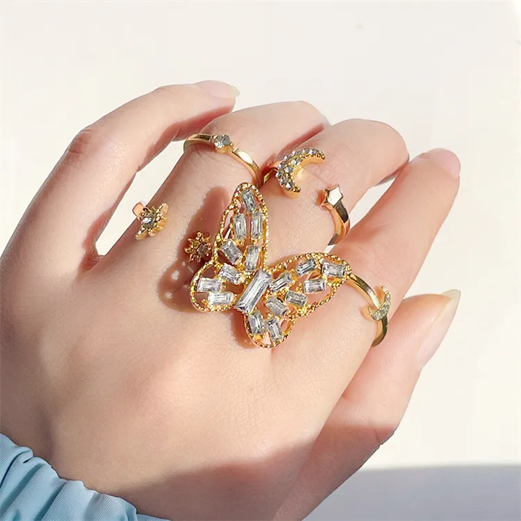 Wholesale Luxury Rhinestone Rings for All Fingers Crystal Star Moon Opening Adjustable Butterfly Rings
