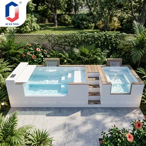 Piscine hors sol ronde contemporaine avec bancs en bois intégrés et pompe de filtration intelligente avec contrôle par application mobile - Product Image 1