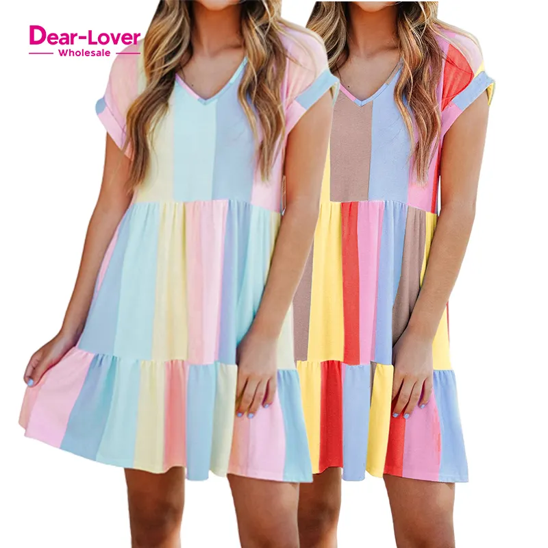 Dear-Lover Women Clothing Clothes Ladies Multicolor Striped Color Block Tiered Mini Summer Casual Dress
