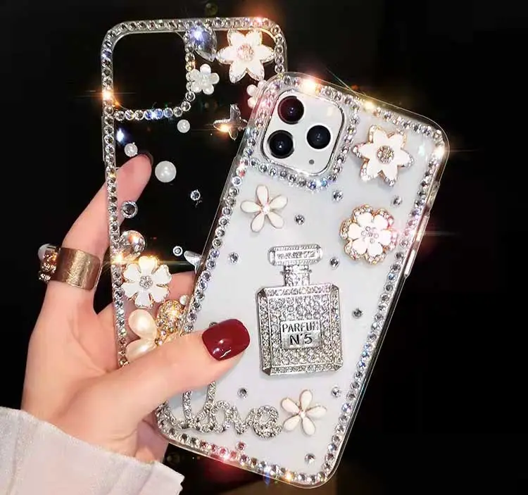 High quality perfume bottle flower transparent phone case with bling diamond luxury cell phone case