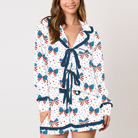 Ensemble pyjama deux pièces pour femme, motif drapeau américain, cœur et feux d'artifice, avec volants et nœud à nouer sur le devant, tenue de détente courte pour le Jour de l'Indépendance