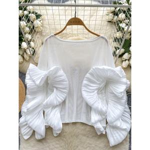 Camicette europee americane Socialite <span class=keywords><strong>camicia</strong></span> da donna estate arruffata sottile maglia larga O <span class=keywords><strong>collo</strong></span> alta moda Chic Top - Product Image 2