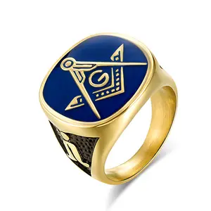 ODM Brothers Stainless Steel Jewlery Manufacture Blue Enamel Freemasonry Sign Gold Plated Ring For Men