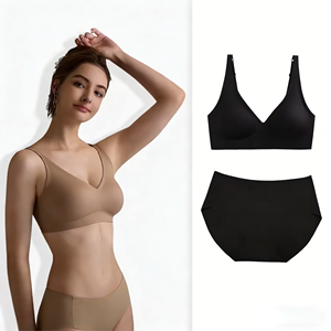 Conjuntos de lencería sin costuras con bralettes sin aros, tirantes ajustables, estampado, copa 3/4, sujetador deportivo con cuello en V y bragas para mujer - Product Image 1
