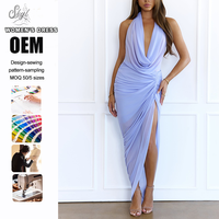 Robe longue d'été personnalisée en usine, bleu clair, dos nu, drapée, décontractée et élégante pour femme, avec fente haute et maille froncée