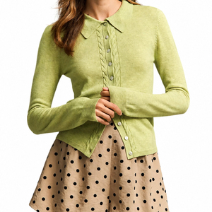 Suéter Cárdigan de Punto Personalizado al por Mayor, 100% Algodón, <span class=keywords><strong>Cuello</strong></span> Polo, Manga Larga para <span class=keywords><strong>Mujer</strong></span>, Tejido Suave, con Botones, Estilo Preppy, 12GG - Product Image 1