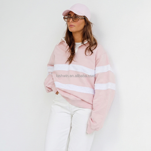 Felpa da Donna Rosa Chiaro con Colletto Polo a Righe, Mezza Abbottonatura, Oversize, Manica Lunga, Pullover Casual Personalizzabile in Taglie Grandi - Product Image 2