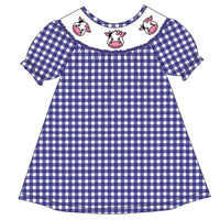 Robes d'été et d'automne pour filles en bas âge, respirantes, écologiques, à smocks, à manches courtes, bleu et blanc à carreaux, broderie de ferme, en coton