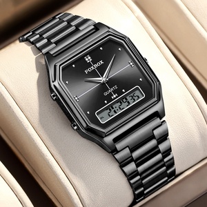 Montre multifonction carrée noire LIGE FB0099 pour femmes, 2 fuseaux horaires, acier inoxydable, montre-bracelet lumineuse, montre numérique LED, cadeau pour femme - Product Image 1