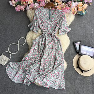 Tunique à manches courtes robe imprimée femmes décontracté col en v robe florale été taille haute jupe longue - Product Image 5