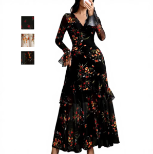 Robe longue maxi élégante pour femme, col en V, manches longues, imprimé floral romantique, en mousseline, coupe ajustée, collection 2025 - Product Image 1