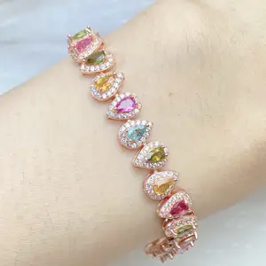 925 Silver Natural Tourmaline Bracelet Candy Color 3*5 Drop Design Fine Jewelry In The Category Of Bracelets Bangles