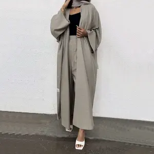 Wholesale EID Ramadan Dubai Tunic Modest Plain Large Women's Dress Cotton Linen Abaya and Trousers Muslim Women Open Abaya Dress