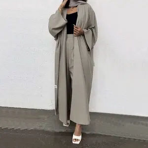 Grosir EID Ramadan Dubai Tunik Sederhana Polos Gaun Wanita Besar Katun Linen Abaya dan Celana Panjang Wanita Muslim Membuka Gaun Abaya