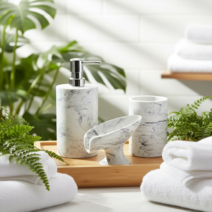 Ensemble de trois pièces en résine <span class=keywords><strong>effet</strong></span> <span class=keywords><strong>marbre</strong></span>, porte-<span class=keywords><strong>brosse</strong></span> de toilette pour la salle de bain à domicile - Emballé dans une boîte cadeau - Product Image 4