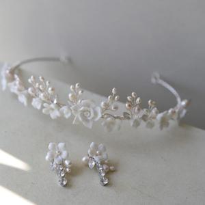 Boutique Premium perle d'eau douce à la main en céramique fleurs blanches mariée <span class=keywords><strong>couronne</strong></span> <span class=keywords><strong>couronne</strong></span> <span class=keywords><strong>cheveux</strong></span> accessoires diadème de mariée - Product Image 5