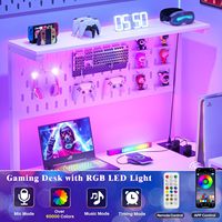 Escritorio para Juegos en Forma de L con Altura Ajustable, Superficie de Fibra de Carbono, Panel Perforado, Cajón, Luz LED, Tomacorriente, Estantes de Almacenamiento