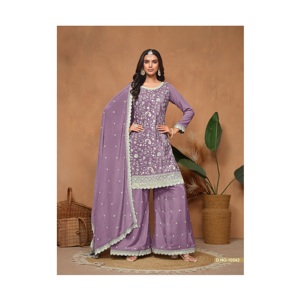 Vêtements indiens et pakistanais, ensemble salwar kameez en chinon avec palazzo et dupatta, taille plus, pantalons palazzo, ensembles de costumes en gros - Product Image 1