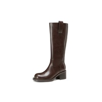 Bottes d'équitation d'hiver en cuir véritable montantes à talon épais et fermeture à enfiler