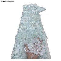 Tissu de dentelle française brodé de fleurs 3D romantiques, avec appliques de fleurs volumineuses, perles et sequins, pour mariée