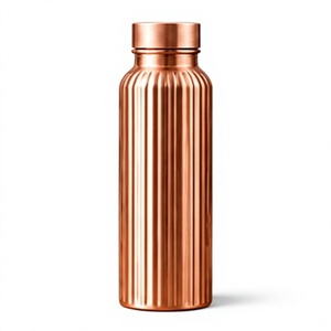 Vertical Ribbed Copper <b>Water</b> <b>Bottle</b> with Cap Portable Minimalist <b>Metal</b> Drinkware - Product Image 1