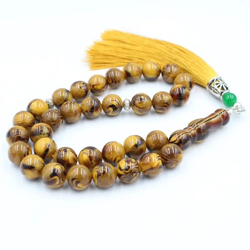 Pulseira árabe de contas de oração, bracelete com resina para rosário muscular âmbar, rosário islâmico amarelo de 12mm, 33 contas