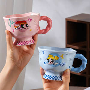 Taza de Cerámica de las Chicas Superpoderosas, Diseño de Dibujos Animados en Rosa y Azul, con Asa, Taza de Café para Oficina, para Desayuno o Bebidas - Product Image 1