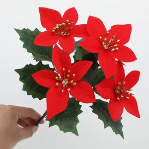 Ramo de Poinsettias Artificiales Rojo, Dorado y Plateado, Decoración Navideña para Interiores, Tallo Individual - Product Image 2