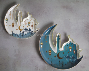 White &amp; Teal Moon &amp; Mosque Shaped Ceramic Serving Plate Porcelain Serving <strong>Iftar</strong> Refreshments <strong>Dishes</strong> Ramadan Half Moon Plates - Product Image 6