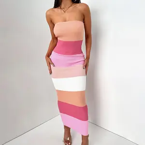 Fashion Spring Color Mix Women's Dress Cutout Contrast Sleeveless Suspender Lady Long Dresses Clothing
