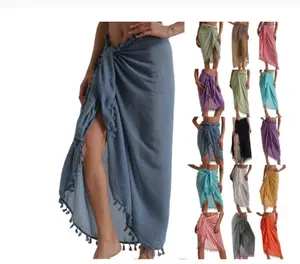 2022 Hot Sale Beachwear Handkerchief Tassel Beach Pareo Sarongs Short Sheer Skirt Wrap Cappa Swimsuit Coverup Customs