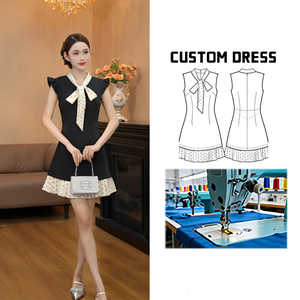 3952 West Island Dream Jupe plissée élégante à pois, style rétro français, tissée, taille haute, avec empiècements color block et laçage - Product Image 1