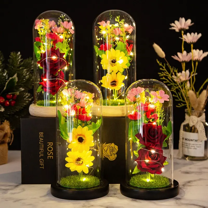 Décoration lumineuse avec fausse fleur en rose, ornement de verre, lampe LED, fleur de tournesol, pour la saint-valentin, cadeau créatif de noël