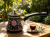 Cafetière turque Cezve en émail floral vintage noir avec couvercle, poignée résistante à la chaleur, ibrik pour cuisinière, cafetière arabe