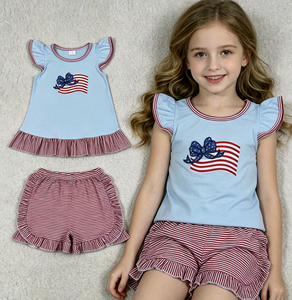 Conjuntos de Ropa para Niñas RTS USA, Camiseta Túnica Informal de Algodón y Elastano Transpirable con Bordado de Bandera del 4 de Julio, Pantalones Cortos, Conjuntos de Ropa para Niños - Product Image 1