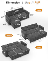 Sofa Bed Seksional dengan Tempat Tidur Lipat, Sofa Bed Bentuk L dengan Sandaran Rebah, Chaise dengan Penyimpanan yang Dapat Dibalik