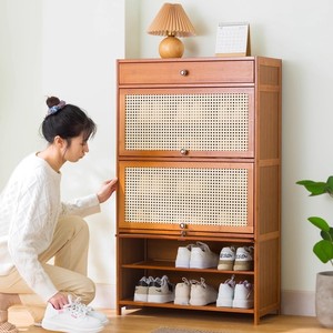 Bamboo and rattan woven <b>shoe</b> cabinet, dustproof, simple indoor <b>storage</b> for home use, with cabinet doors and <b>shoe</b> <b>rack</b>. - Product Image 2