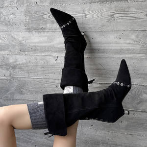 Zapatos de Tacón Medio Grueso, Hechos a Mano, Simples, de Punta Cuadrada, Color Sólido, Elegantes, Largos, Retro, Casuales, Antideslizantes e Impermeables - Product Image 4