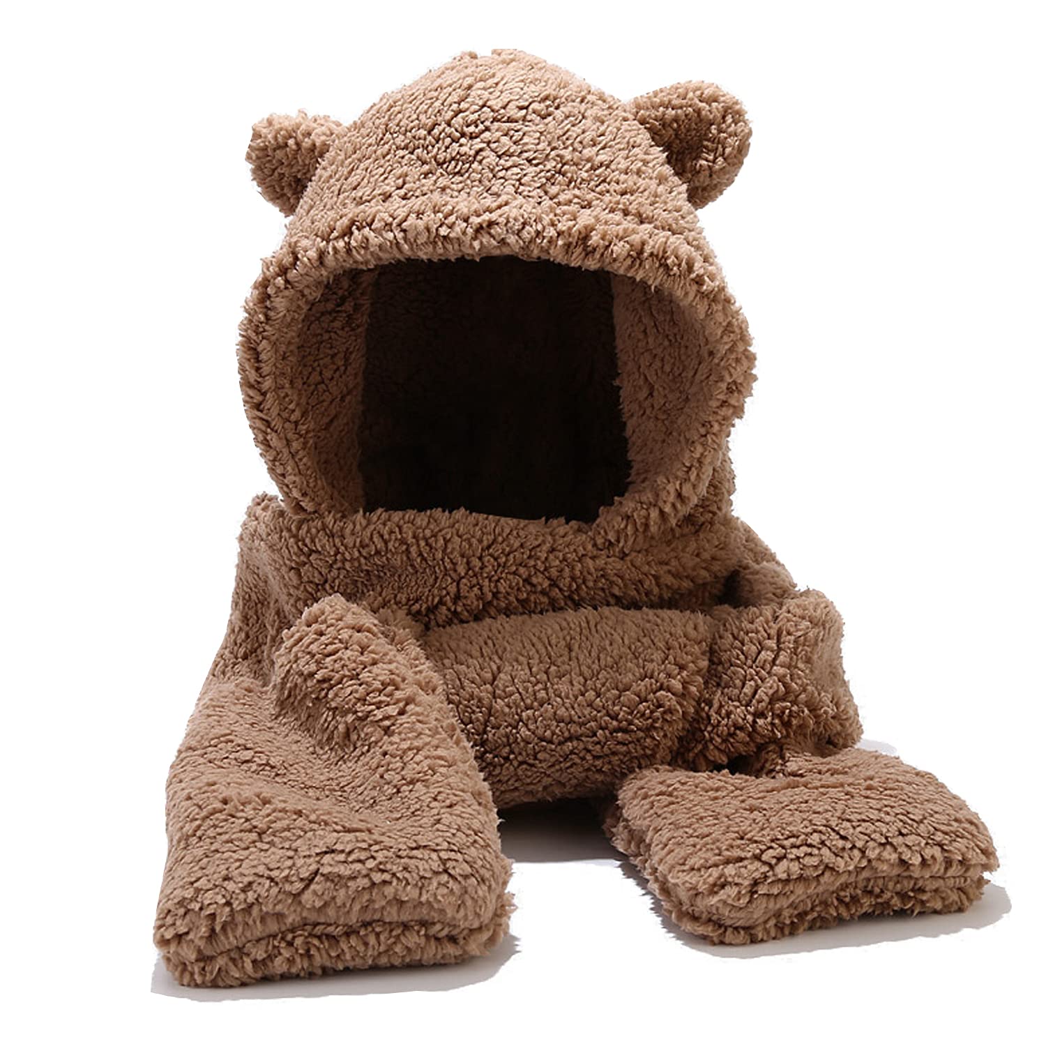 Недорогой зимний Флисовый Шарф с милым медведем из искусственного меха с капюшоном, шапка с капюшоном и ушами, шарф и перчатки 3 в 1, шарф с капюшоном