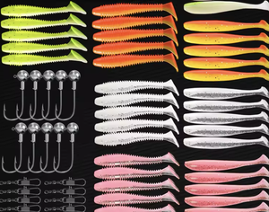 <strong>Molded</strong> 61 Piece Slow Sinking Swim Bait Lures Silicone <strong>Soft</strong> <strong>Plastic</strong> <strong>Fishing</strong> Jig Head Hooks Set - Product Image 1