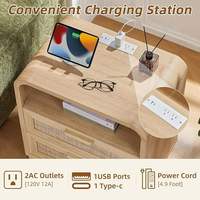 Table de chevet bohème de 23,6 pouces de large avec 2 tiroirs, en bois naturel, avec station de charge et rangement ouvert