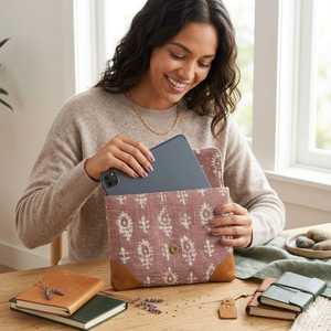 Funda para Tablet de Algodón y Cáñamo con Estampado a Mano Rosa, con Lazo de Cuero, Hecha a Mano, Venta al Por Mayor, Exportación de India - Product Image 6