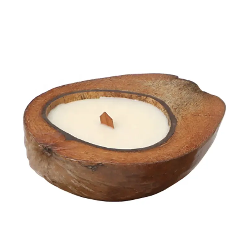 Vela perfumada de cáscara de coco de cera de soja natural con cuenco de coco con núcleo de madera que mantiene el aire fresco