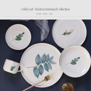 Набор современной керамической посуды из фарфора с золотым декором, тарелки и миски из нового костяного фарфора, свежий и воздушный дизайн с листьями, столовая посуда - Product Image 2