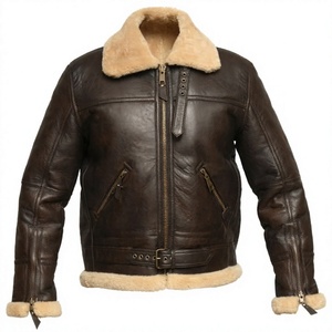 <b>Men</b> Genuine <b>Leather</b> Sherpa Collar <b>Jacket</b> <b>Faux</b> Fur Lined Zip Up Short Coat Windproof Winter Outerwear - Product Image 3