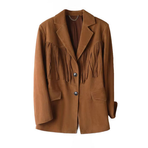3150-1 New Trendy Leather Suits Single Breasted Pocket Tassels Deco Women Real Sheep Leather Coat for Ladies