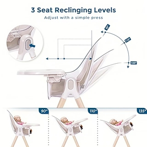 Chaise haute multifonctionnelle réglable pour bébé, style moderne, en bois, pour l'alimentation et l'allaitement, avec double plateau en plastique de qualité alimentaire - Product Image 3