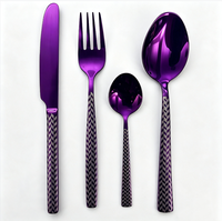 Ensemble de couverts en acier inoxydable 410, 4 pièces, finition PVD violette, couteau, fourchette, cuillère, roue à tissu, poignée à motif laser